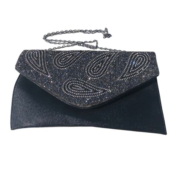 Black Sparkly Evening Bag With Chain Strap Wedding Prom Party - Picture 1 of 5